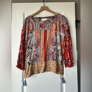 Anthropologie Red Multi Patchwork Peasant Blouse